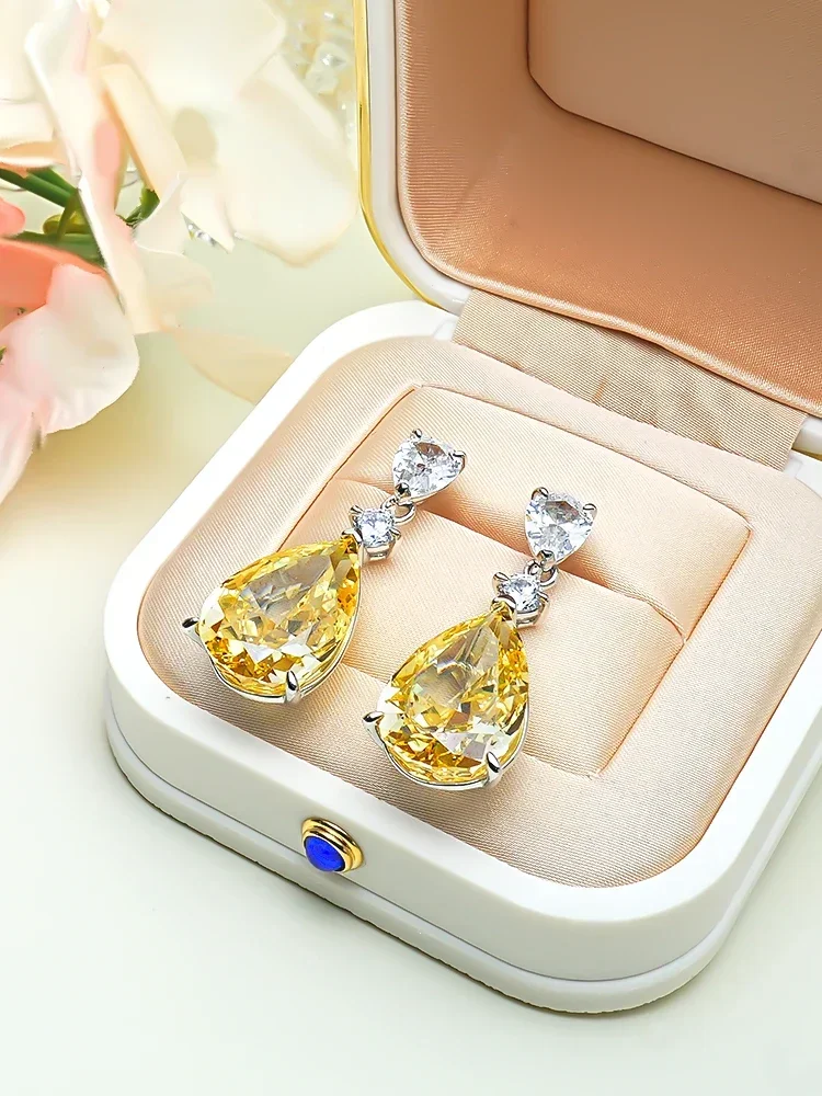 

Waterdrop Yellow Diamond Earrings, Sterling Silver Inlaid with High Carbon Diamond Earrings, Small and High end Wedding Jewelry