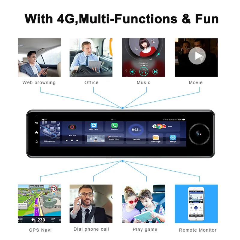 4G Android8.1 10.88 Inch 3CH Rearview Mirror Car Black Box Video Recorder ADAS Dash Cam Free App Real-Time Live Streaming IPS