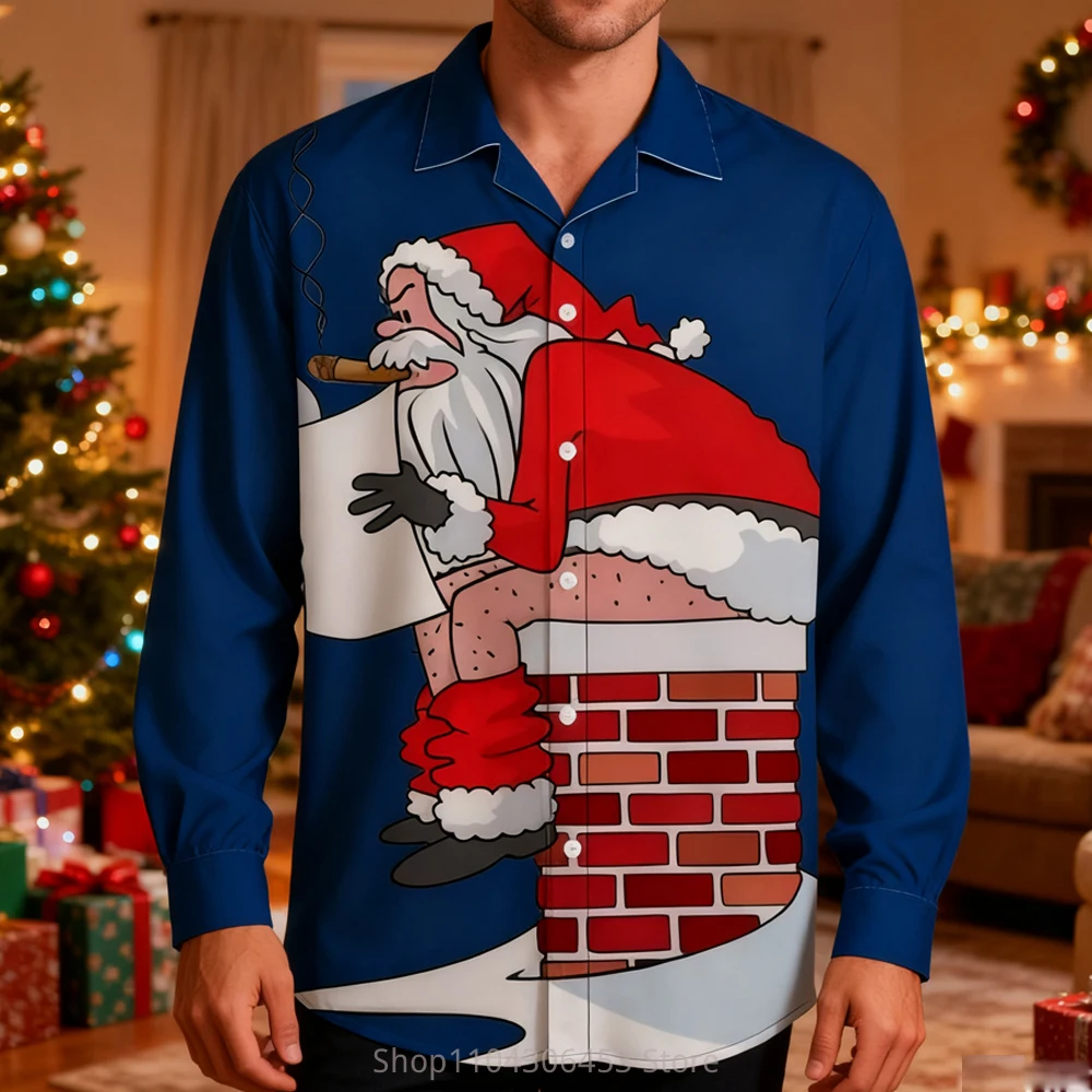 

2025 Men's Christmas New Year Cartoon Funny Santa Claus Festive 3D Printing Lining Holiday Party Autumn and Winter New Gift Top