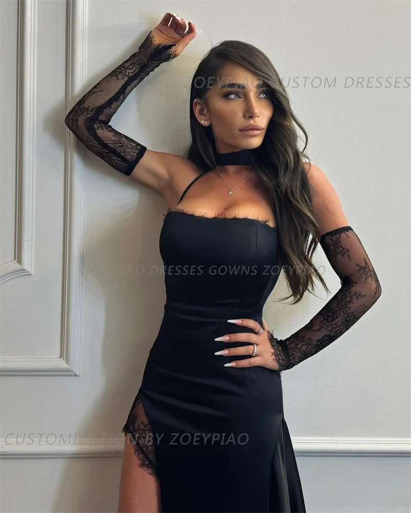 Sexy schwarze Spitze Ballkleider Satin Meerjungfrau Schlitz abendkleider High Neck Seitens chlitz formelle boden lange besondere Gelegenheit für Frauen