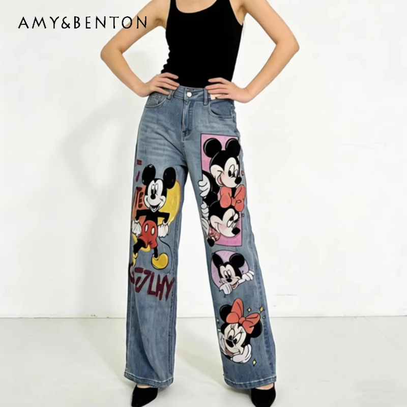 

Новые женские джинсы прямого кроя с высокой талией и мультяшным принтом, облегающие повседневные свободные брюки из денима для женщин, лето 2026