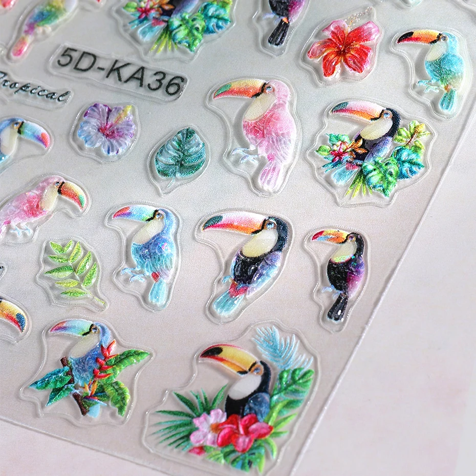1/2 قطعة 5D تنقش الببغاء الطيور مسمار الفن ملصقات الاستوائية ورقة زهرة فلامنغو تصميم مسمار الشارات الديكور DIY بها بنفسك مانيكير المنزلق