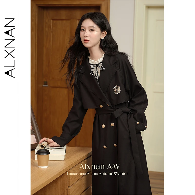 معطف ALXNAN أسود لخريف وشتاء 2025 على طراز الكلية سترة واقية طويلة للنساء موضة جديدة أنيقة معطف مزدوج الصدر L50103