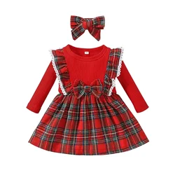 Dress For Kids 3 Months - 3 Years old Birthday Long Sleeve Christmas Red Grid Princess Formal Dresses Ootd For Baby Girl