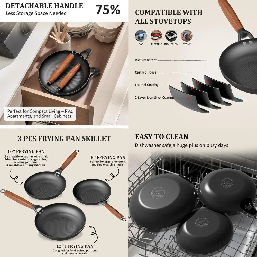 

Ceramic Nonstick Frying Pan Set, 8, 10, 12, Pre-Seasoned Cast Iron, Removable Handle, Dishwasher Safe, PFAS/PFOA Free, All Stove