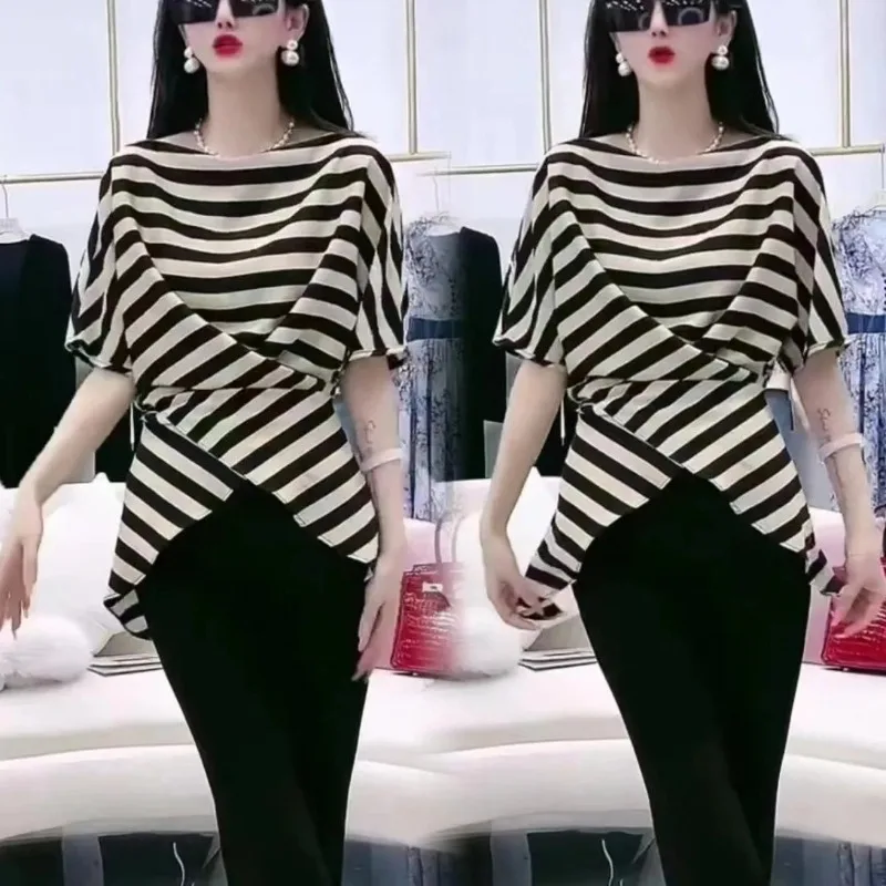 

Ladies Simplicity Elegant Raglan Sleeve Trend Standard Black Tee Shirt Tops Striped O-neck Short Sleeve New Style Pullover