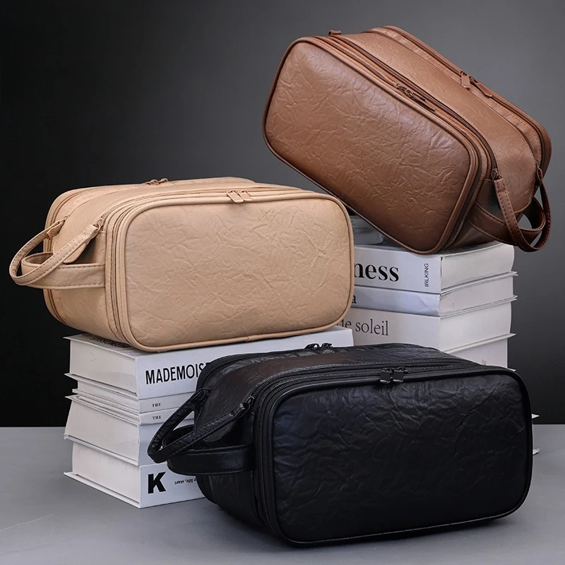 Portable Men Makeup bag PU Leather Multi Pocket Toiletry Storage Bag Large Capacity Cosmetics organizer for Travel Gym Vacation