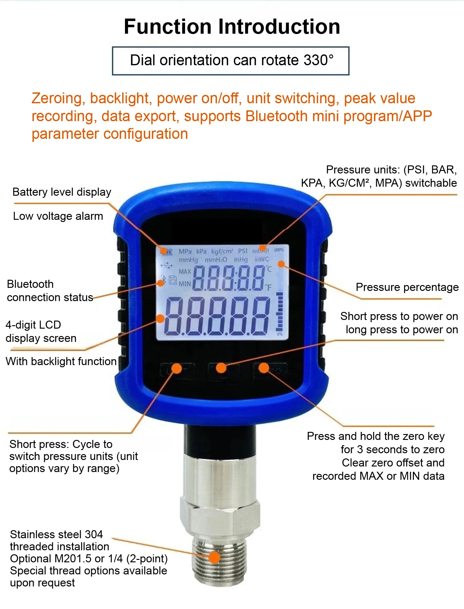 MD-S281 مقياس الضغط الرقمي 330 °   الدورية بلوتوث اللاسلكية عالية الدقة فراغ مسجل البيانات الهيدروليكية