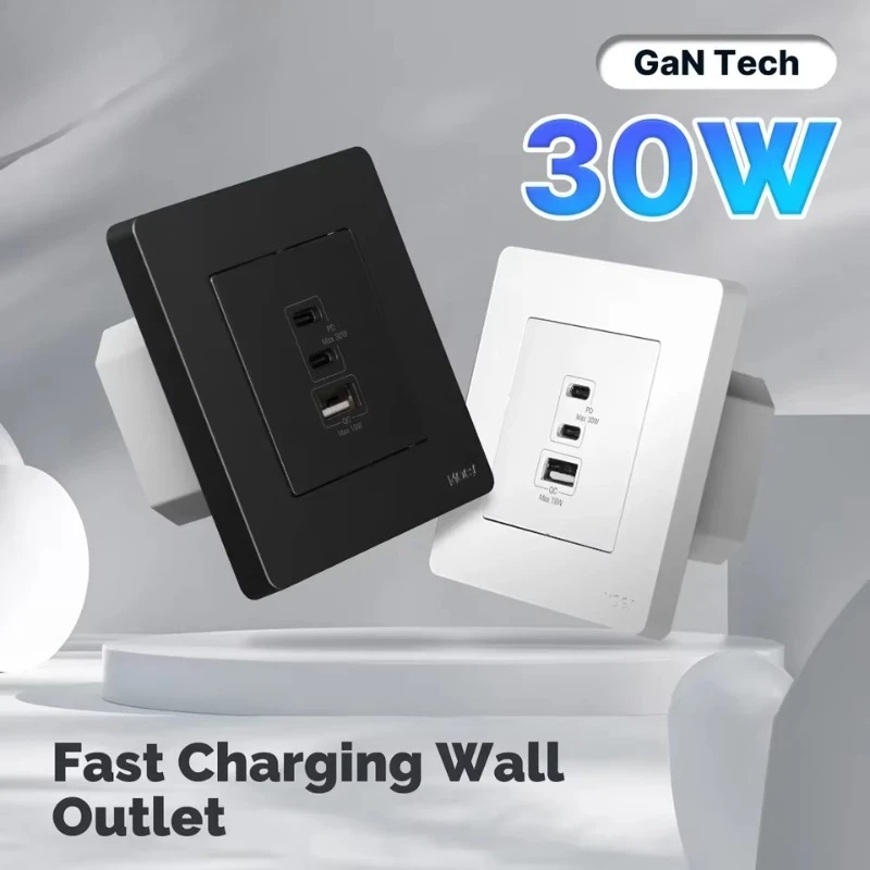 30W Fast Charging PD3.0 Wall Electrical Outlet Charger GaN Socket 3-Port Type-C USB OverTemp Protection