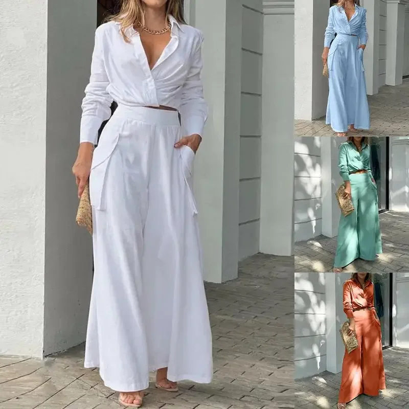 

2 Pieces Women Stes 2025 Solid Color Temperament Loose Pocket top+wide Leg Pant Fashion Leisure Suit women's Clothing
