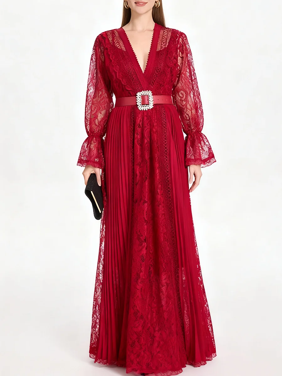 TWOTWINSTYLE Eleganckie sukienki damskie z koronką, wycięciami i wstawkami, dekolt w serek, długie rękawy, patchworkowy pasek, nowa kolekcja.