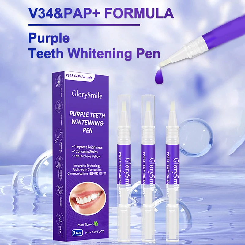 3Pcs Teeth Whitening Pen Purple Formula Tooth Stain Cleaner Oral Hygiene Care No Sensitivity Tool