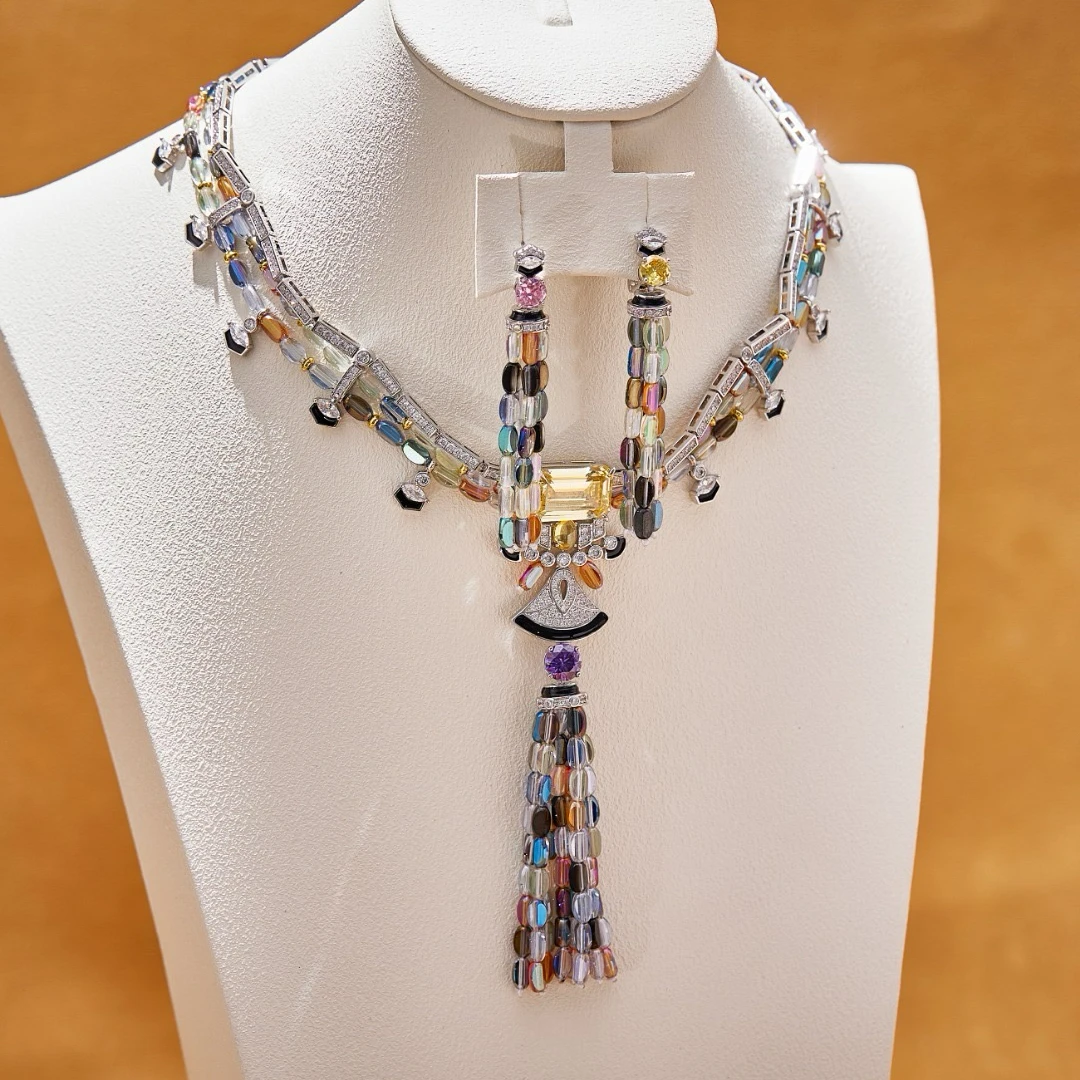 AY Luxury Temperament AAA Zircon Tassel Colorful Necklace Long Earrings For Women Wedding Party Evening Dress Jewelry Sets