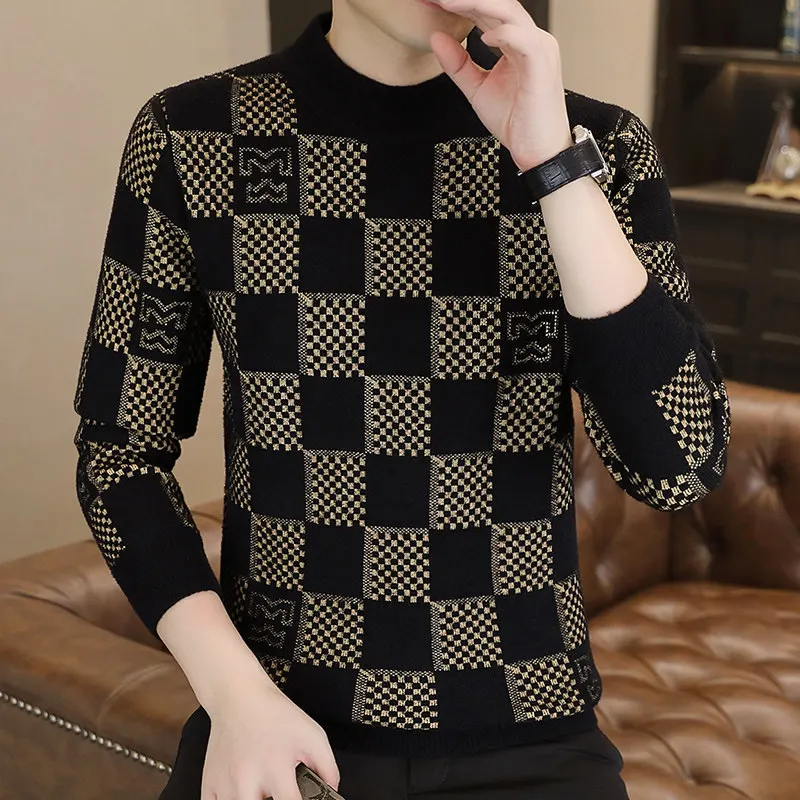 

Trendy Plaid Knitted Sweater f High Collar Men's Faion Ci Winter Warm Woolen Camere Sle Inner Wear Base Layer Top