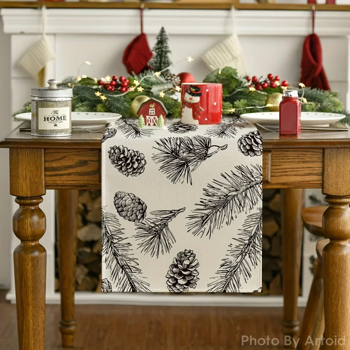 Bohemian Fir Pine Cone Christmas Table Runner Seasonal Winter Foliage Kitchen Table Decorations for Home Party Decor Holiday Dec