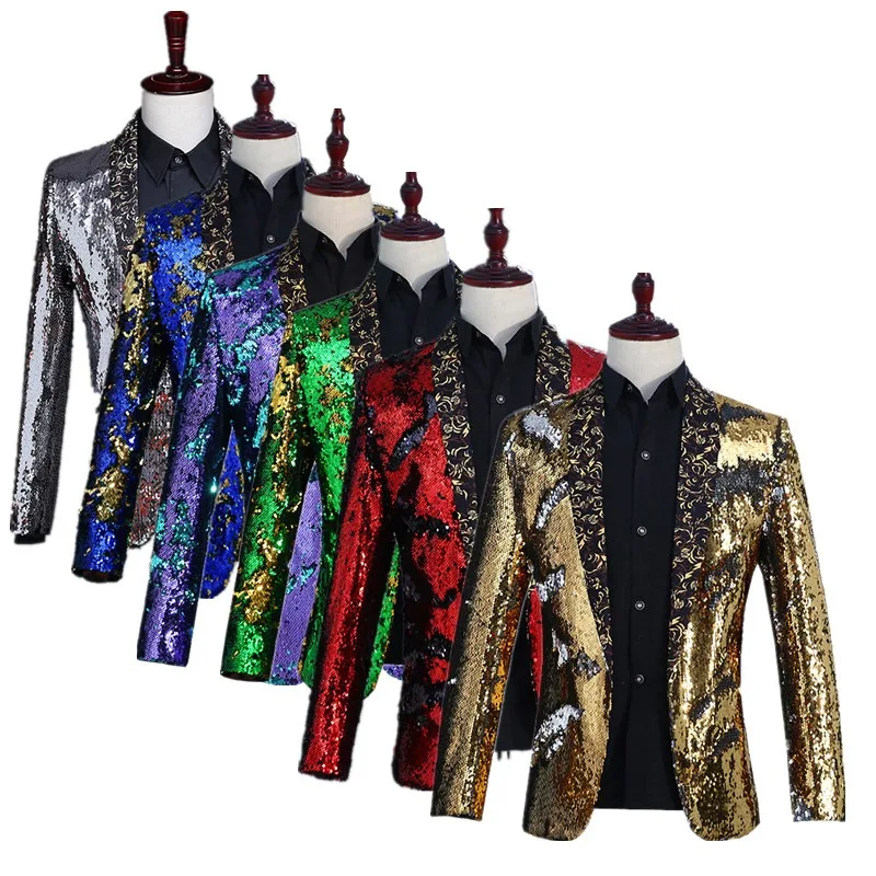 

Luxurious Shimmering Sequined Blazer, Shawl Collar Buttonless Dress Coat European Sizes for Men's Wedding Party and Stage Attire