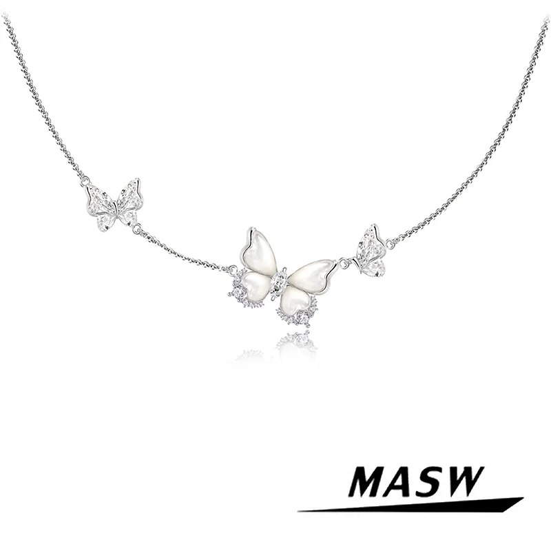 

MASW Original Design One Layer Chain Zircon Shell Dancing Butterfly Necklace For Women Girl Party Wedding Gift Sweet Jewelry