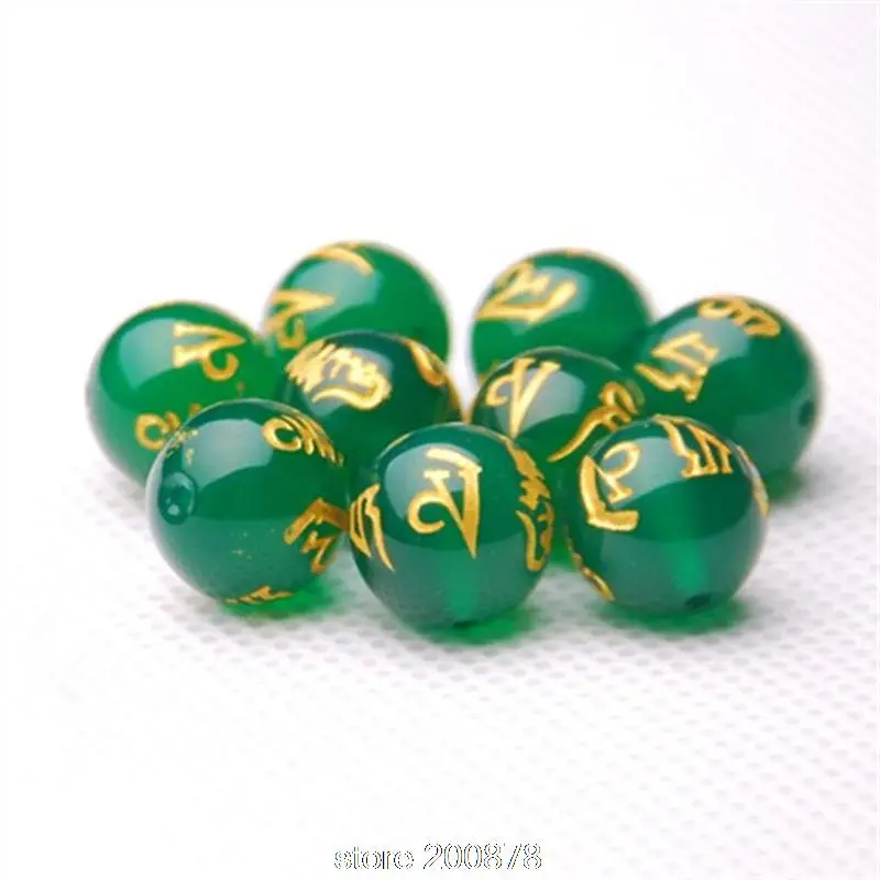 10Beads Green Agate Round Beads Tibet Mantras Beads 6/8/10/12/14mm OM MANI PADME HUM TSB0495