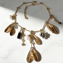 2026 New Imitation Pearl Leaf Multi Pendants Necklace Women Boho Indian Ethnic Vintage Statement Metal Links Necklace Jewelry