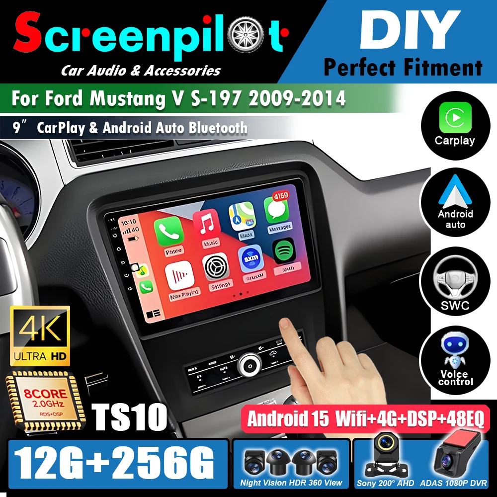 Android 16 для Ford Mustang V S-197 2009-2014: мультимедийный экран, радио, стереосистема, CarPlay, GPS-навигация
