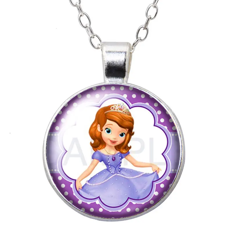 Disney Princess Sofia purple Girls Cartoon Round Photo Glass cabochon silver plated pendant necklace jewelry Gift