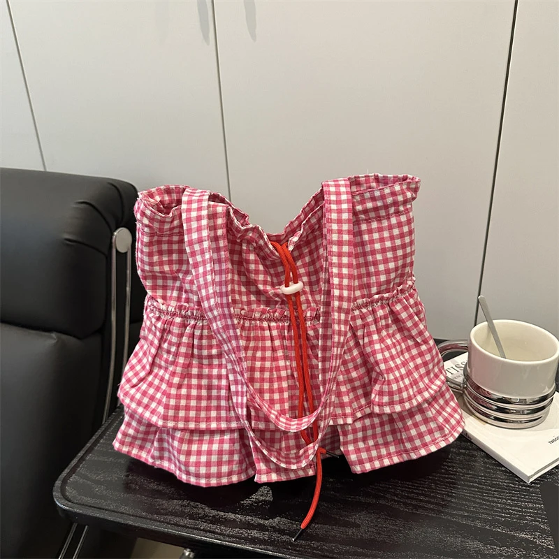 Cute Plaid Canvas Tote Bag Women's Large Capaci Faionable Buet Sle Oulder Bag Korean Sle Pure E-commerce Ss