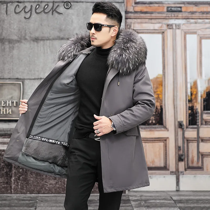 Tcyeek Real Rex Rabbit Fur Parka Liner Detachable Mid-long Fur Coats Man Clothes Fashion Winter Jacket Men Raccoon Fur Collar