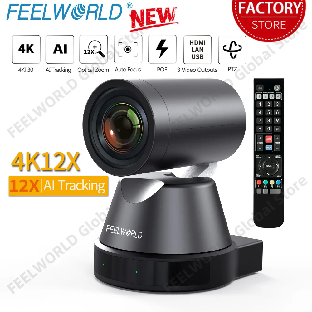 FEELWORLD 4K12X 4K PTZ Camera USB HDMI POE 12X Optical Zoom AI Tracking Auto Focus IP Remote Control Live Streaming Conference