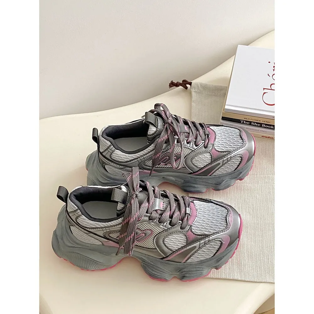 Thick Sole Dad Shoes Women 2024 Spring New Retro Women Casual Shoes Color Blocked Elevated Lightweight Sports Shoes 24-144