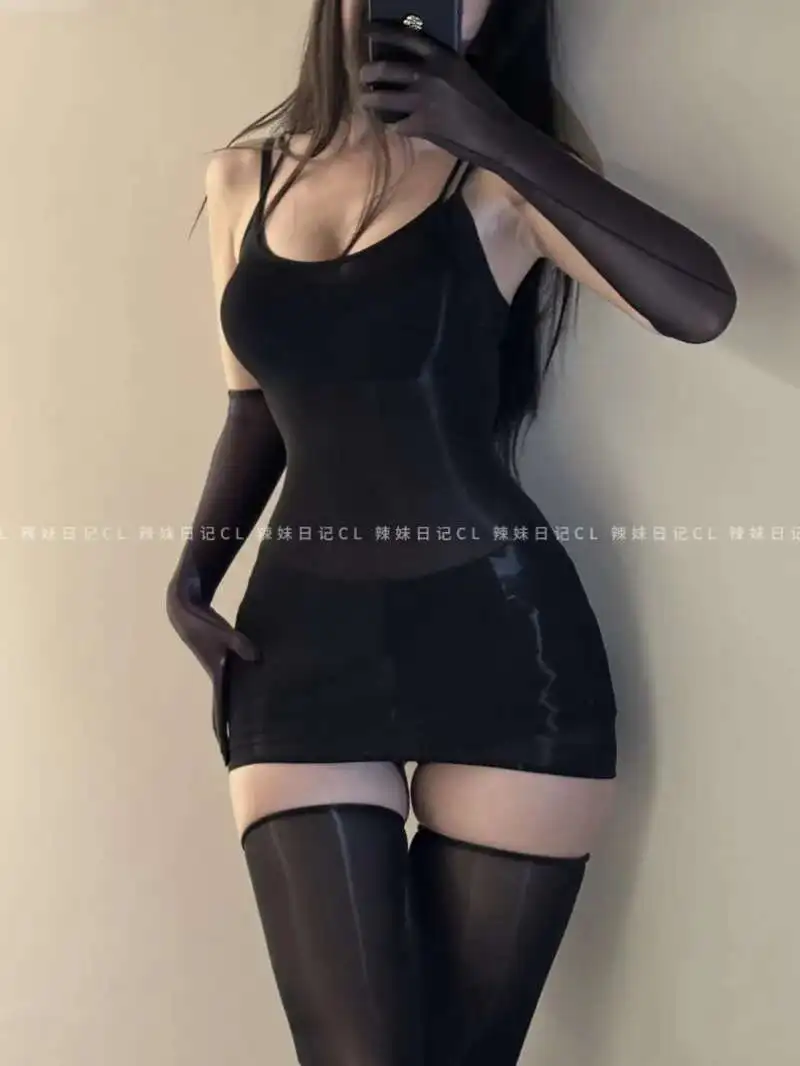 WOMENGAGA Spicy Girl Seamless Oil Shining Silk Tank Top Mini Dress Sheer Transparent Ultra Thin Black Dress Elegant Silk 3TQ2