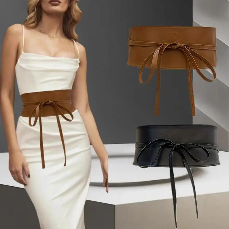 Boho Belt For Women Bowknot Faux Leather Wrap Around Obi Style Cinch Waistband Black Cummerbund Brown Women Wide