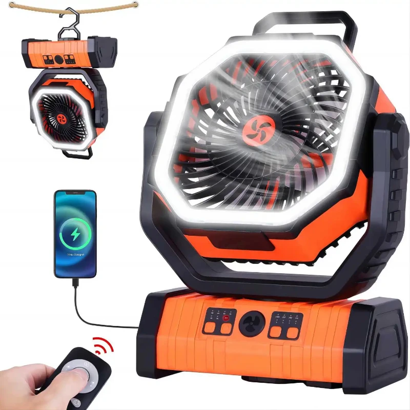 3-in-1 camping fan, camping fan with LED lights and remote control, 10000mAh portable camping fan, suitable for outdoor tents