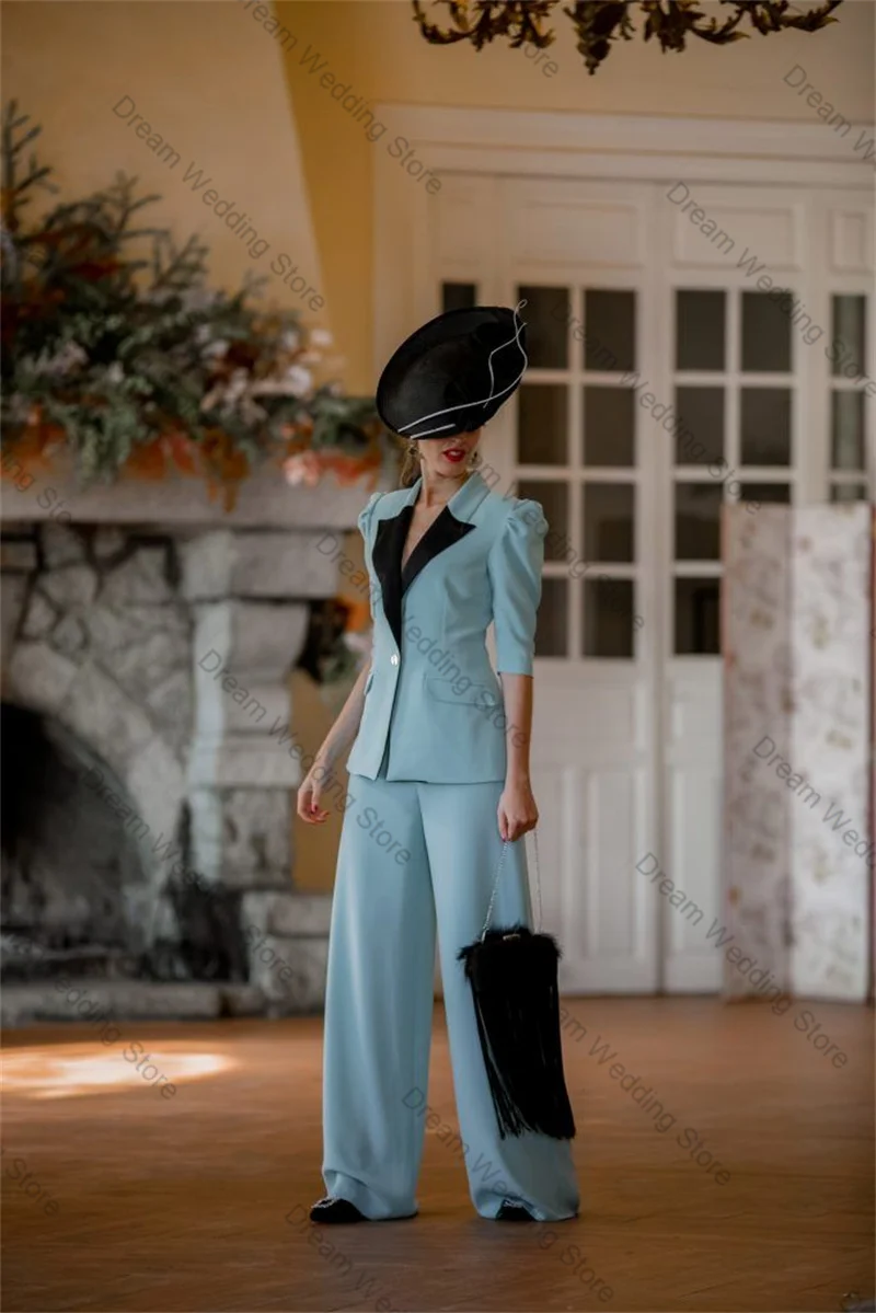 Blue Black Women Suit Set 2 Pcs Blazer Pants Trousers 3/4 Full Sleeves Formal Office Lady Jacket Customized Guest Wedding Coat