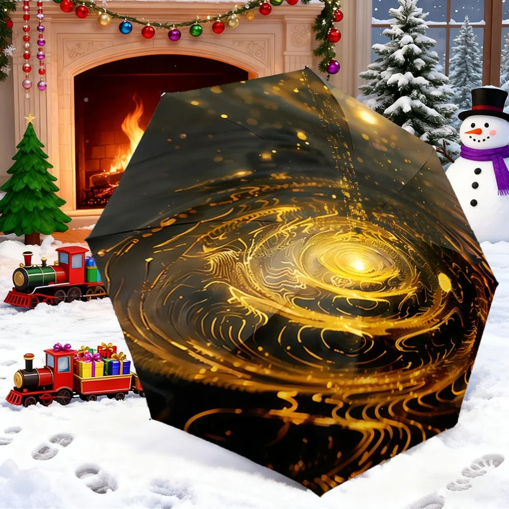 

One Automatic Umbrella Featuring a Golden Swirling Vortex Design. It Has a Portable And Collapsible Structure, Making It a Cas
