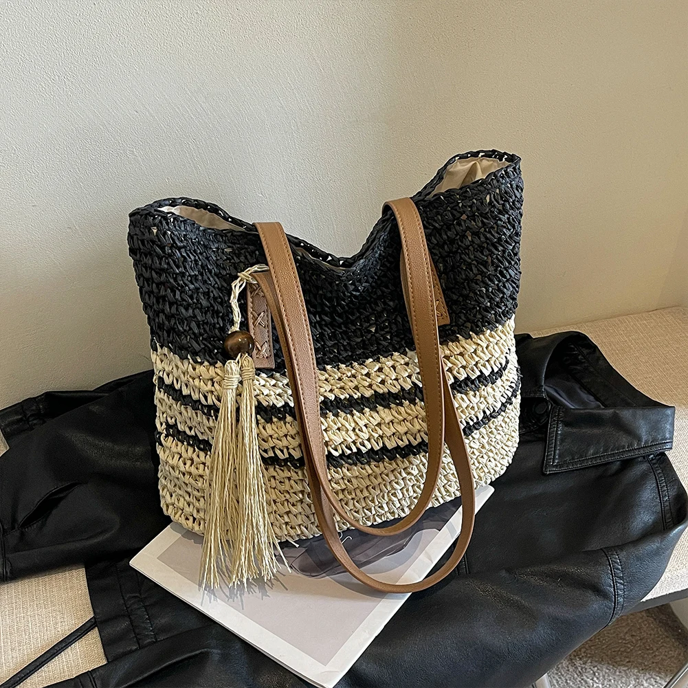 Sacola tecida de palha para mulheres, bolsa de moda com borlas, bolsa de ombro listrada para viagens e férias