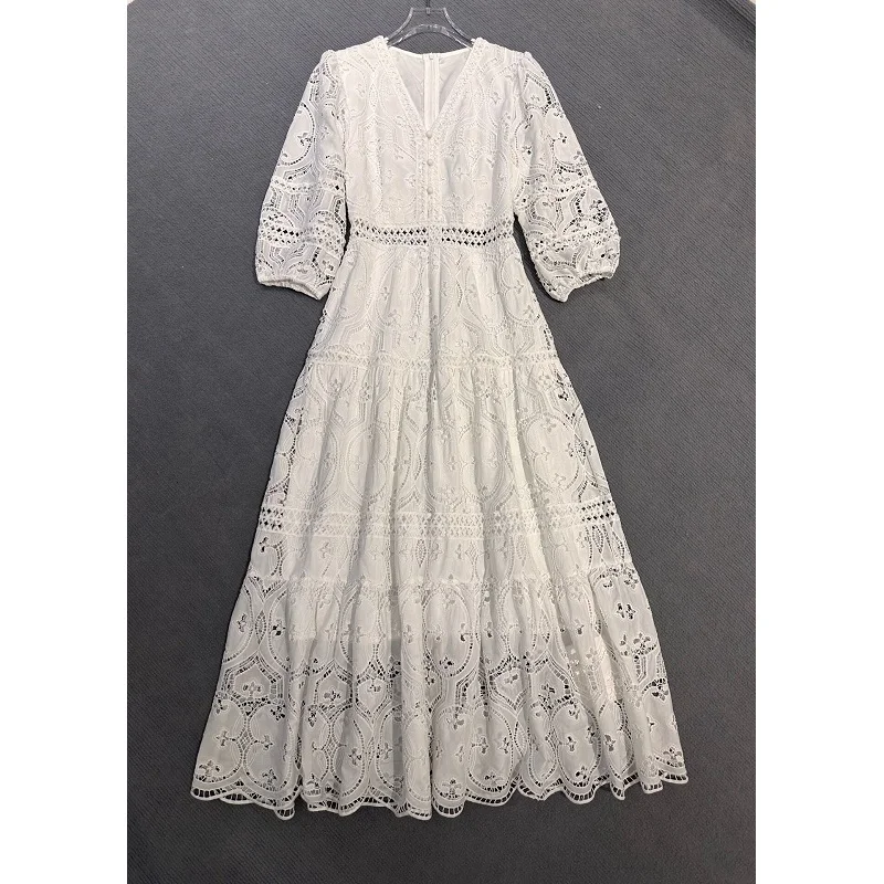

2025 Autumn Fashion Long Dress High Quality Women Sexy V-Neck Allover Crochet Lace Embroidery 3/4 Sleeve Elegant White Dress