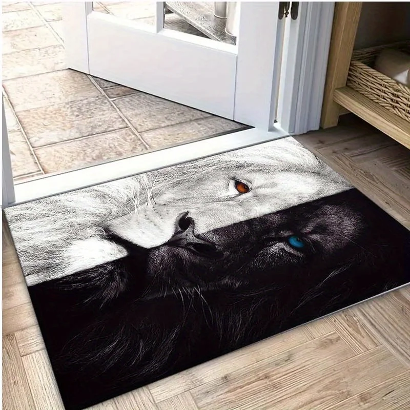 

1pc Black and white lion print pattern carpet, crystal velvet fabric, suitable for bedroom and living room decoration