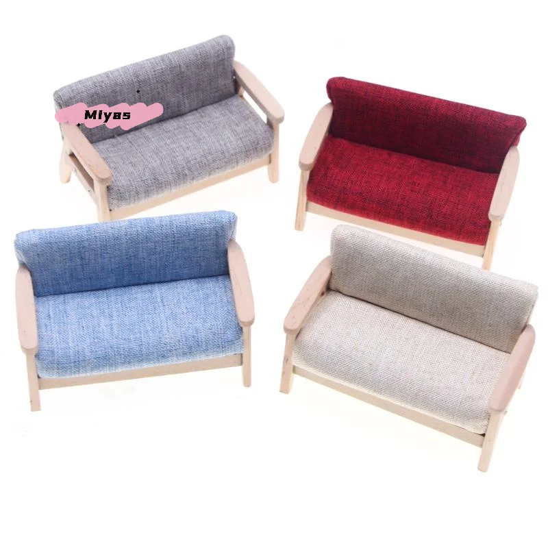 Juego de sofá doble en miniatura de madera para casa de muñecas, escala 1/12, muebles para sala de estar, decoración para casa de muñecas, 1 Uds.