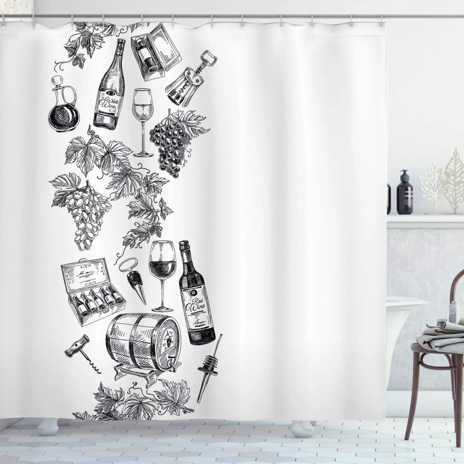 

Wine Theme Shower Curtain Vineyard Design Bathroom Decor Red Wine Bottle Grape Sketch Art Black White Pattern Bath Accessory