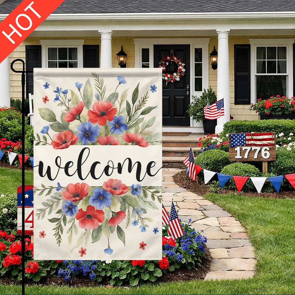 

Welcome Floral Garden Flag Double Sided Print No Pole Included Red Blue Poppy Decorative Yard Flag