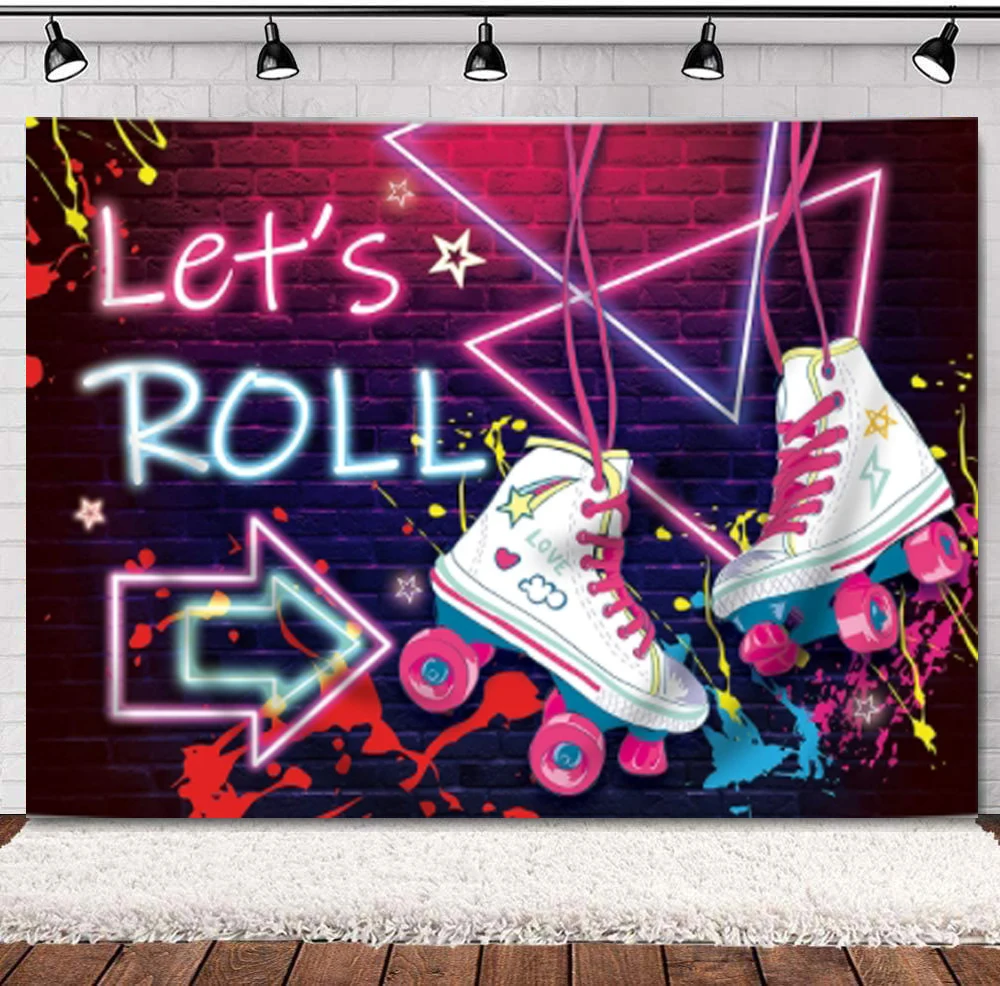 

Let's Roll Photography Backdrop Neon Roller Skating Glowing Laser Arrow Teens Girls Birthday Party Background Wall Banner Decor