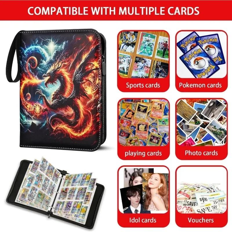 4-Pockets Trading Card Binder Collector Zipper Album with 50 Removable Sleeves,Portable Waterproof Card Holder