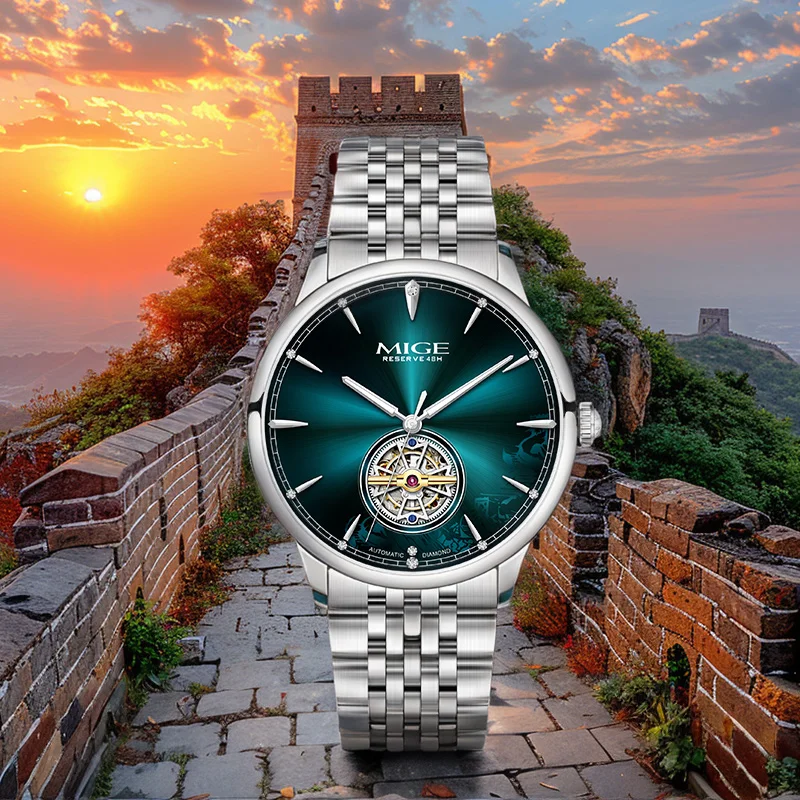 MIGE48H Reserve Mens Open Heart Auto Watch Sunburst Green Dial Crystal Index Silver Steel Strap Luxury Business Mechanical Watch