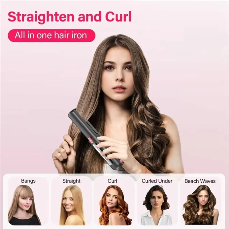 B02C-Cordless Hair Straightener And Curler 2 In 1, USB Rechargeable 10S Fast Heating 4500Mah Battery Included Black