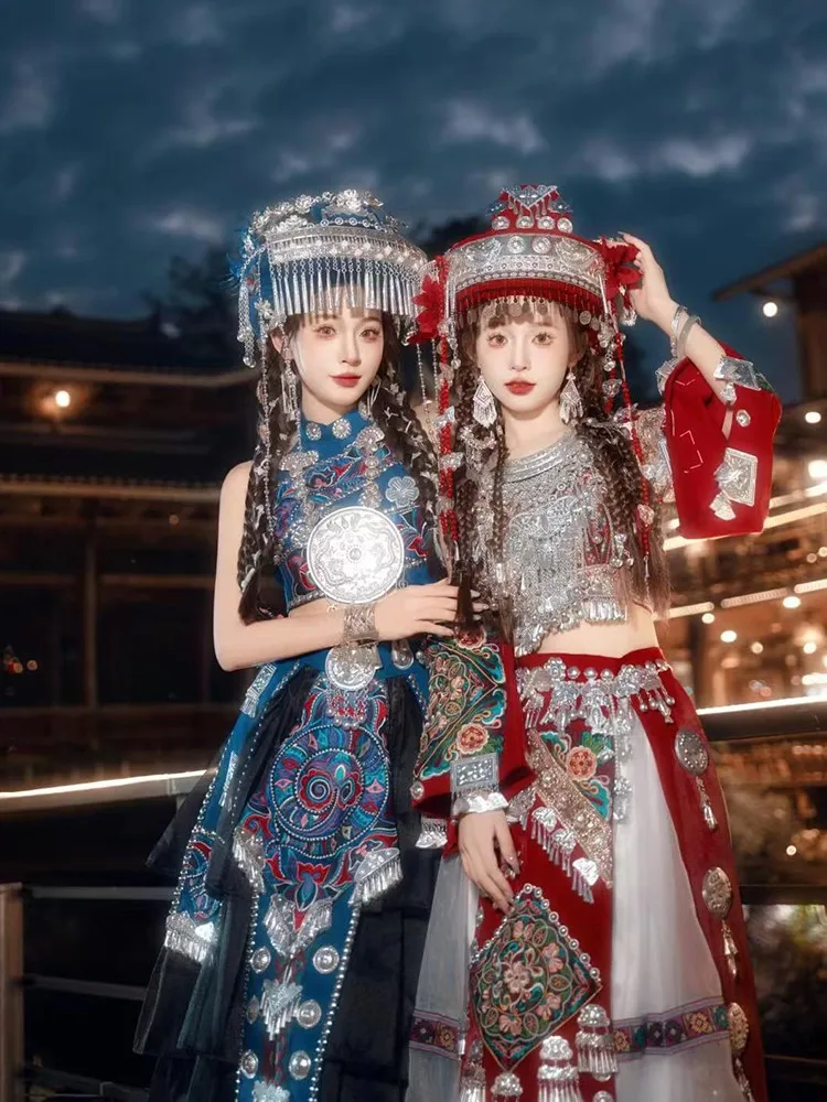 Nieuwe kleding rood en blauw beste vriend etnische jurk set hoed prestatie kostuum