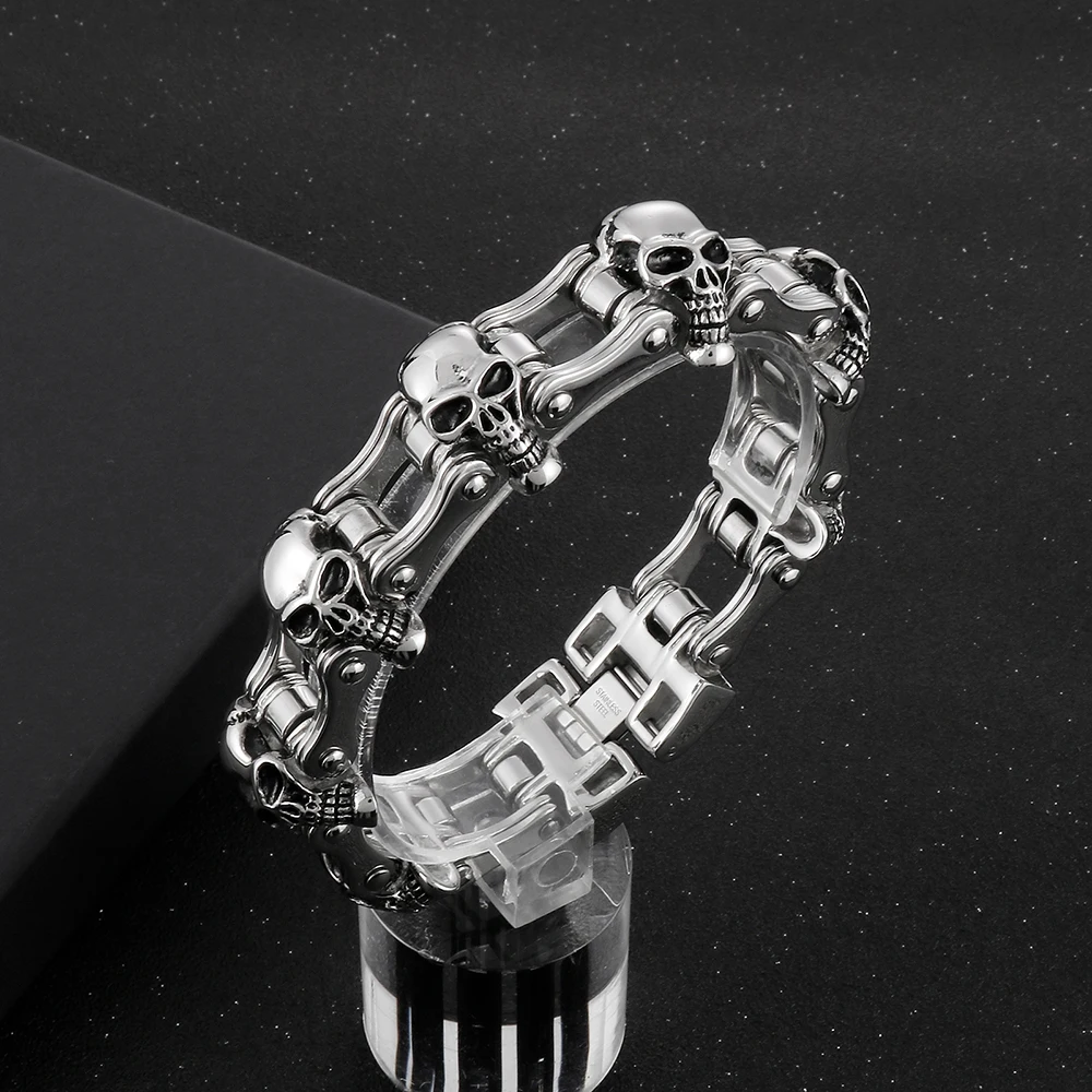 

Punk Stainless Steel Skull Biker Chain Bracelet Mens Link Chain Motorcycle Bicycle Style Bracelets Cool Fashion Jewelry Gifts