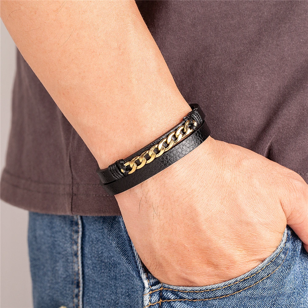 New Fashion Men Bracelet Rope Chain Jewelry Stainless Steel Leather Men\'s Bracelet Motorcycle Accessories Gift Friends Pulseira