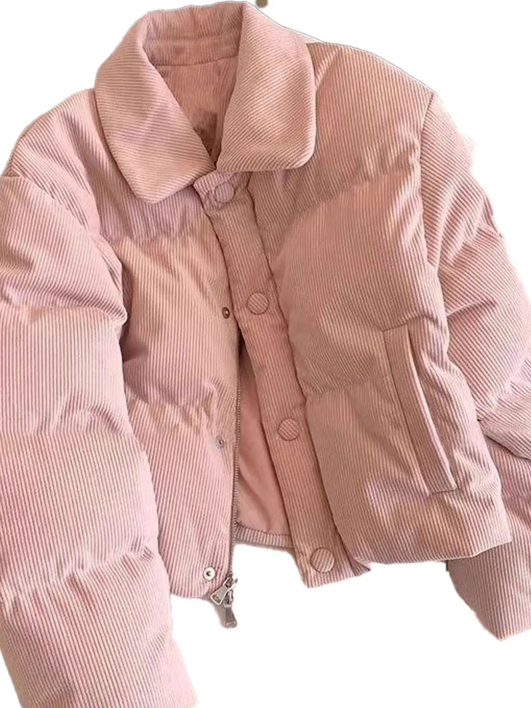 Loose Fit Korean Style Pink Collar Corduroy Cotton Jacket Women's Short Coat Autumn Winter New Arrival Small Size Friendly