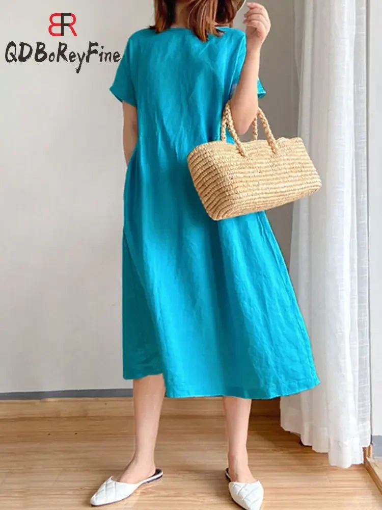 Summer Women Dress Casual Loose Short Sleeve A-LINE Oversize Solid Midi Dress Cotton Linen Dresses for Women Vestidos De Mujer