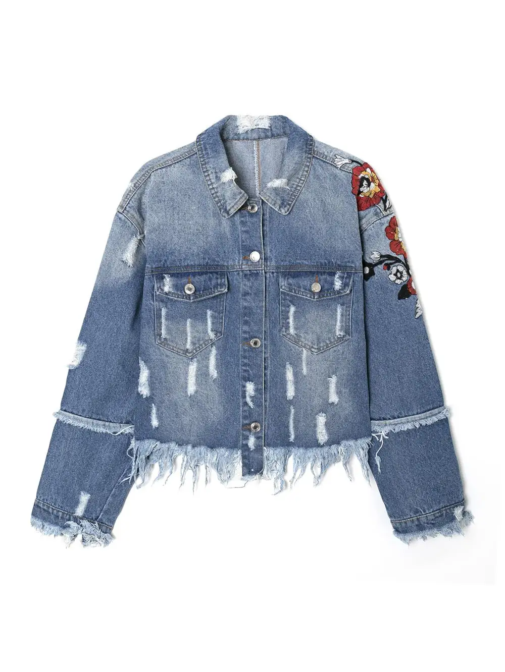 

Women's Denim Jacketwomen's 2022 Spring And Autumn New Casual Lapel Flower Embroidery Raw Edge Denim Jacket Foreign Trade Wholes